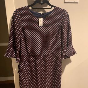 Navy and orange polka dot long sleeve dress